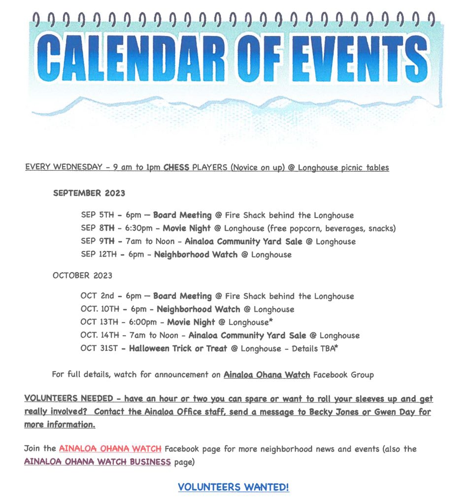Calendar Ainaloa Community Association